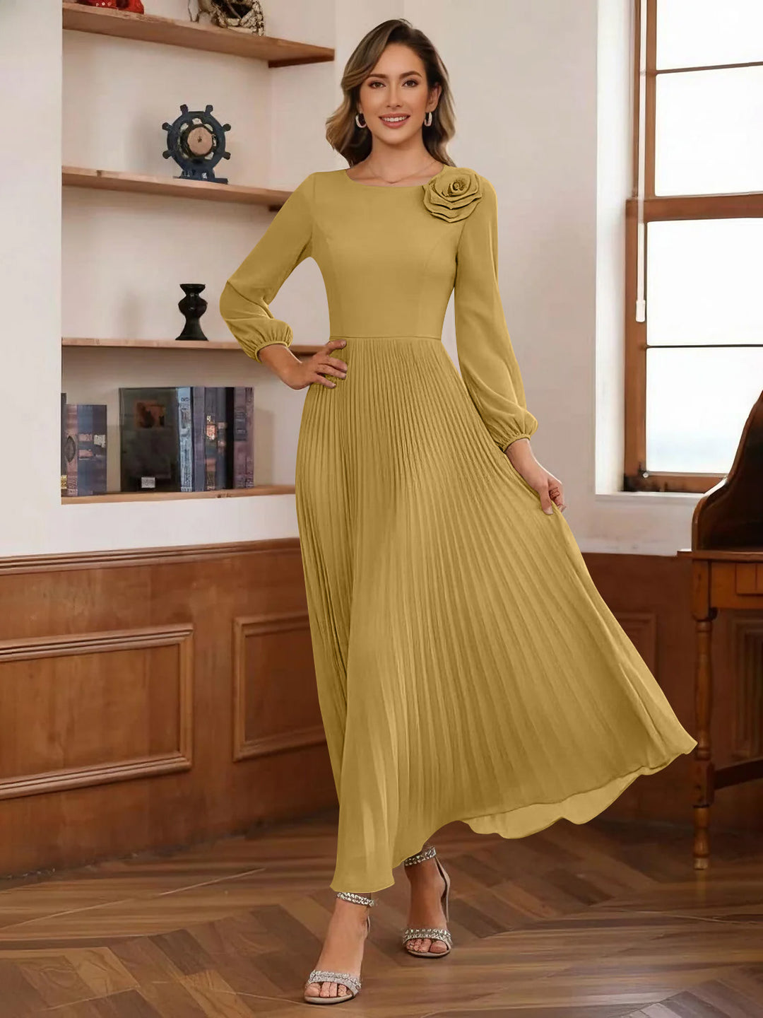 A-Line/Princess Scoop Chiffon Mother of the Bride Dresses Ankle-Length Pleated Floral Long Sleeves Flower