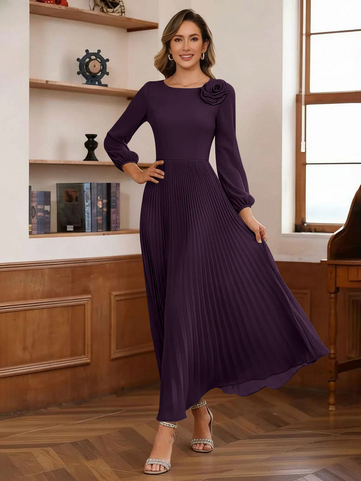 A-Line/Princess Scoop Chiffon Mother of the Bride Dresses Ankle-Length Pleated Floral Long Sleeves Flower