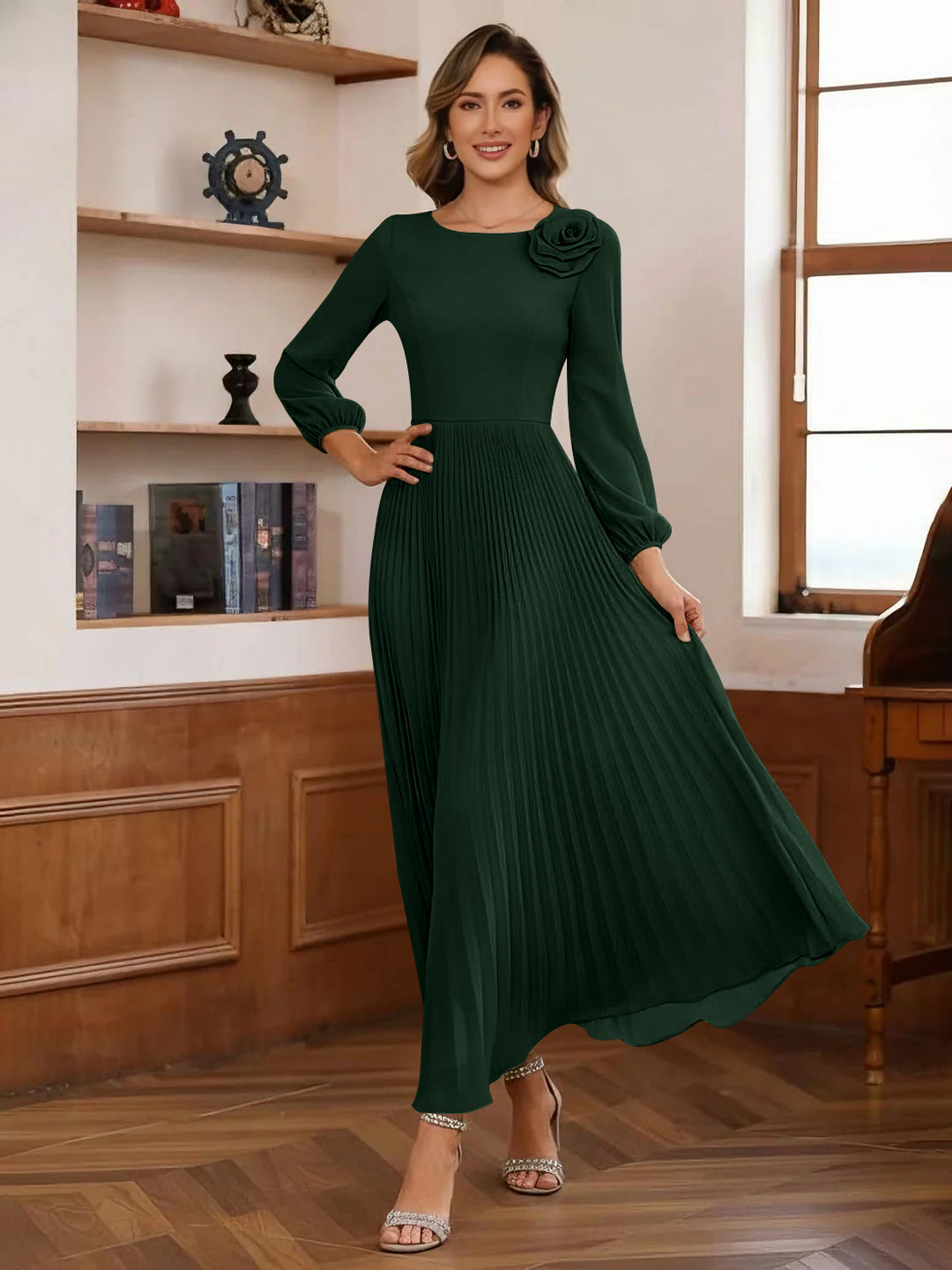 A-Line/Princess Scoop Chiffon Mother of the Bride Dresses Ankle-Length Pleated Floral Long Sleeves Flower