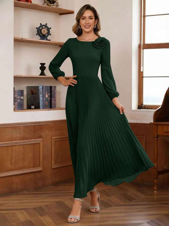 A-Line/Princess Scoop Chiffon Mother of the Bride Dresses Ankle-Length Pleated Floral Long Sleeves Flower