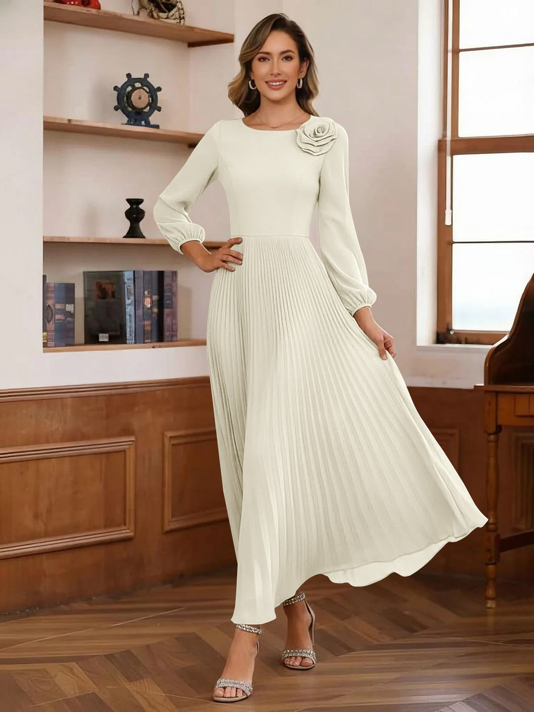 A-Line/Princess Scoop Chiffon Mother of the Bride Dresses Ankle-Length Pleated Floral Long Sleeves Flower