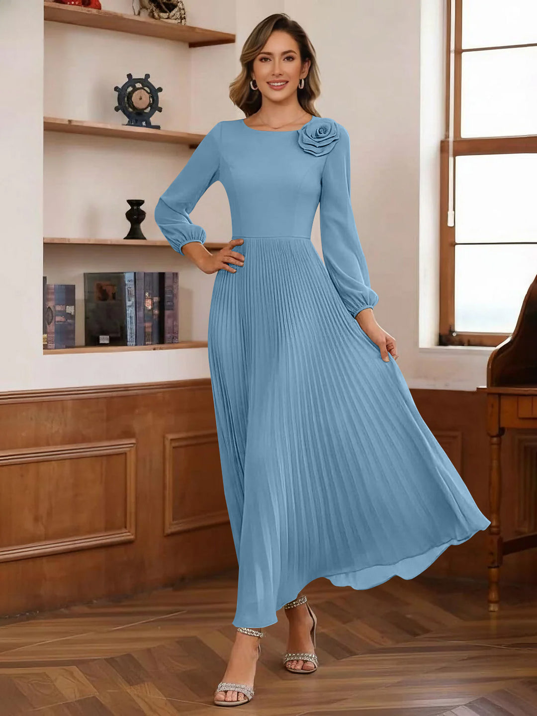 A-Line/Princess Scoop Chiffon Mother of the Bride Dresses Ankle-Length Pleated Floral Long Sleeves Flower