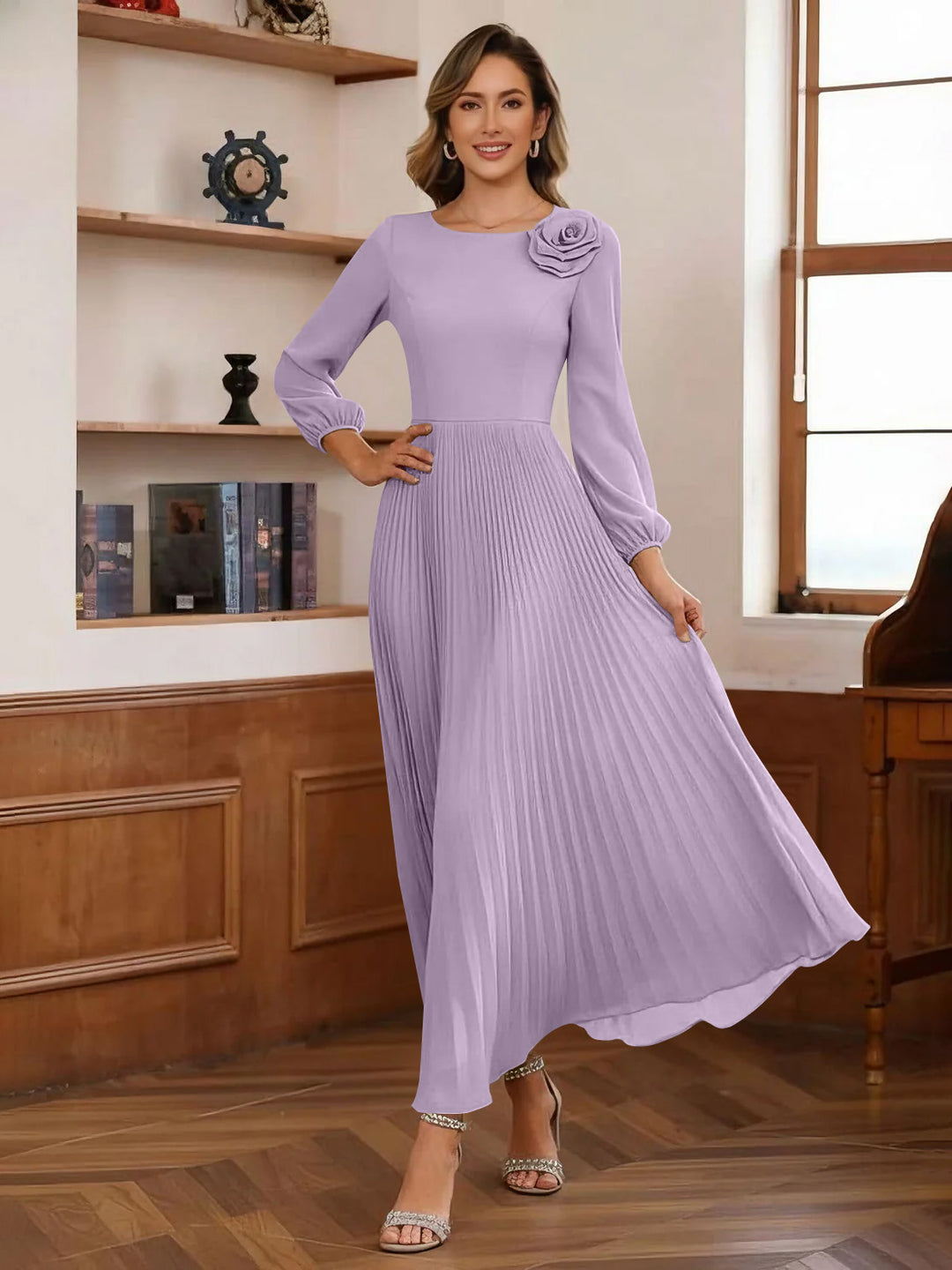 A-Line/Princess Scoop Chiffon Mother of the Bride Dresses Ankle-Length Pleated Floral Long Sleeves Flower