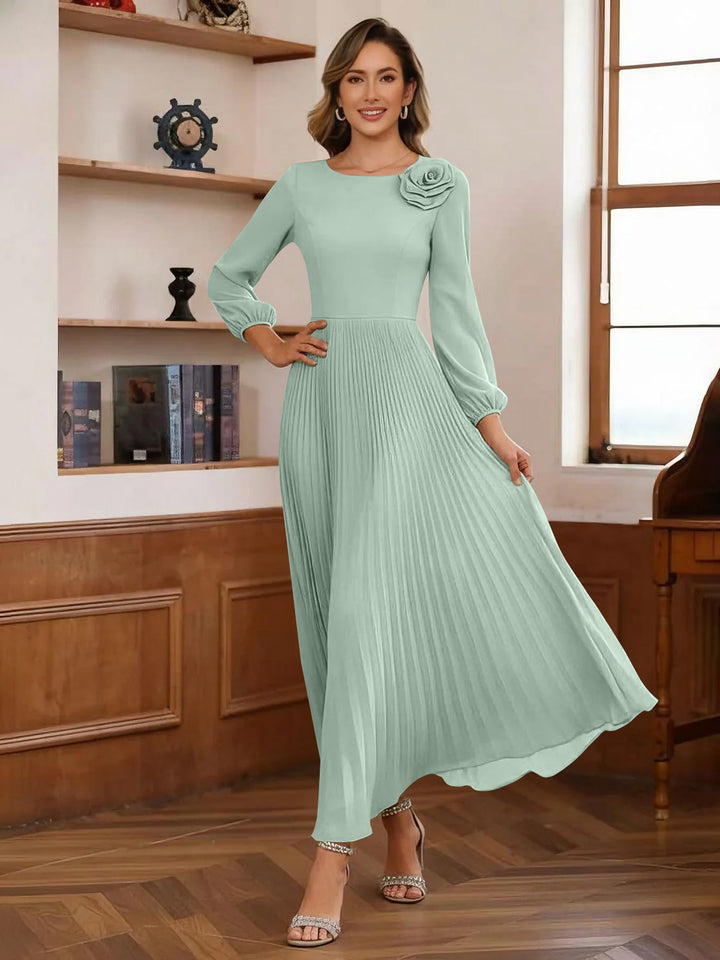 A-Line/Princess Scoop Chiffon Mother of the Bride Dresses Ankle-Length Pleated Floral Long Sleeves Flower