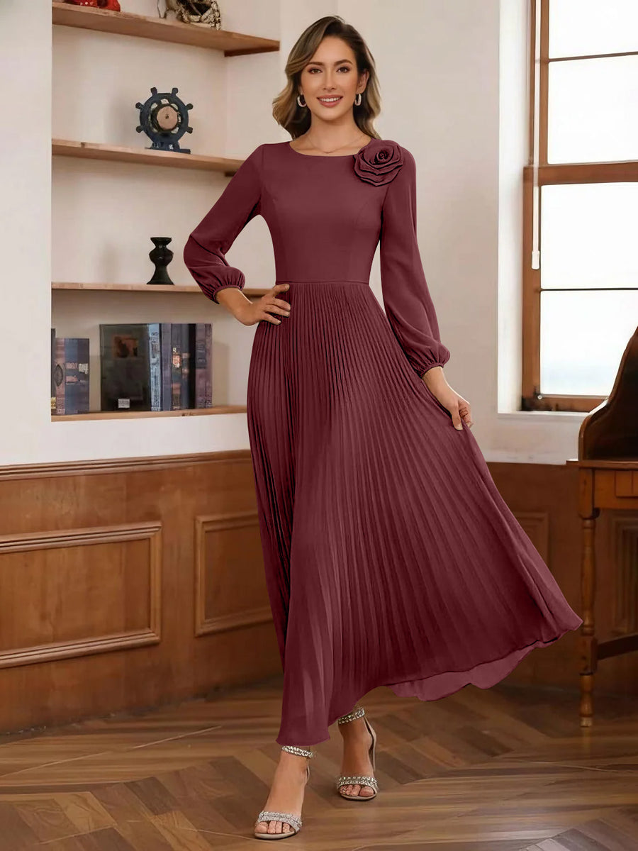 A-Line/Princess Scoop Chiffon Mother of the Bride Dresses Ankle-Length Pleated Floral Long Sleeves Flower