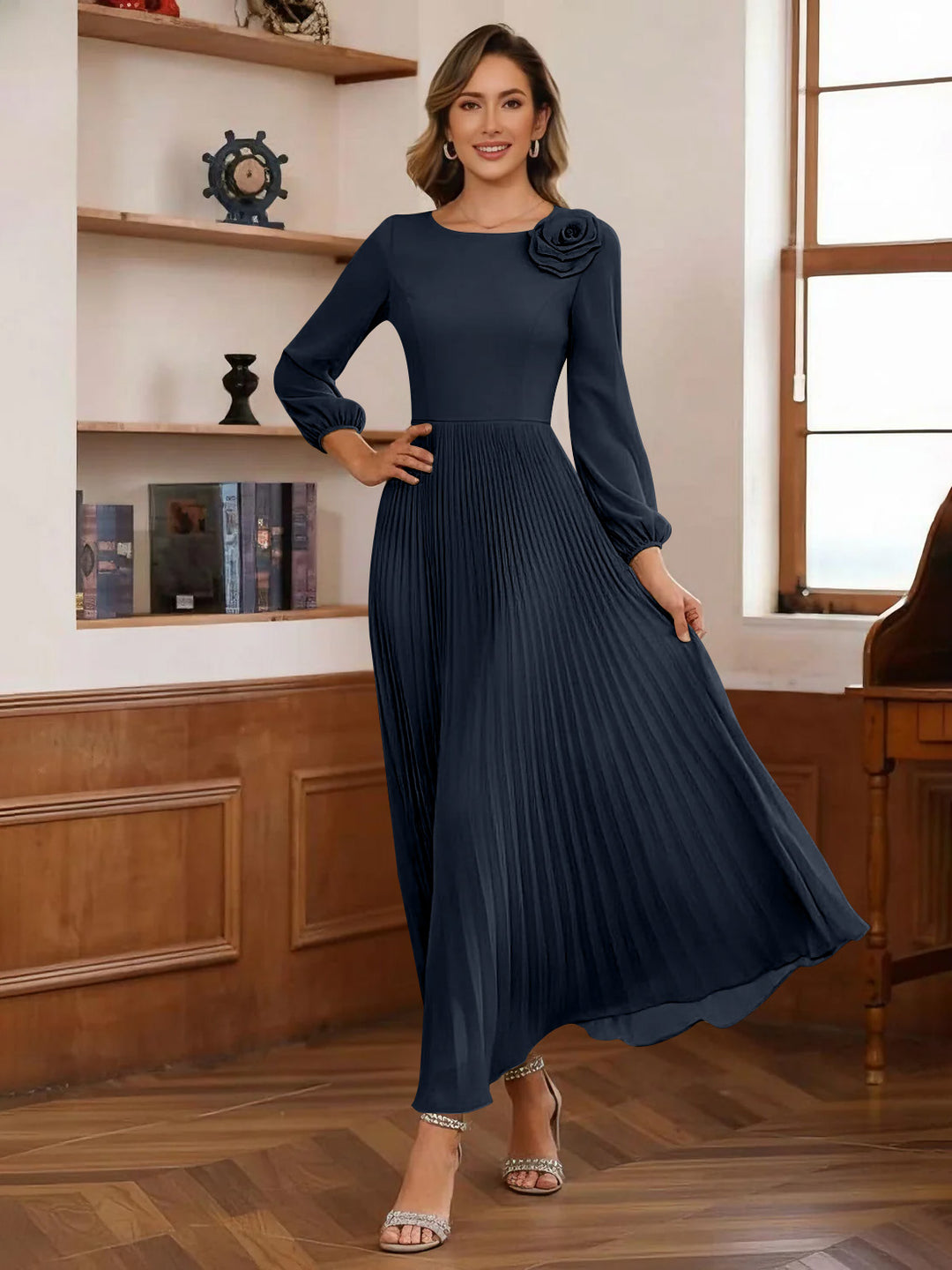 A-Line/Princess Scoop Chiffon Mother of the Bride Dresses Ankle-Length Pleated Floral Long Sleeves Flower
