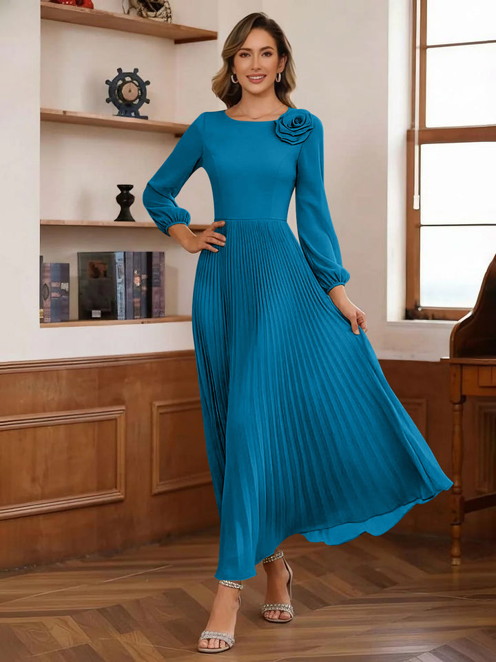 A-Line/Princess Scoop Chiffon Mother of the Bride Dresses Ankle-Length Pleated Floral Long Sleeves Flower
