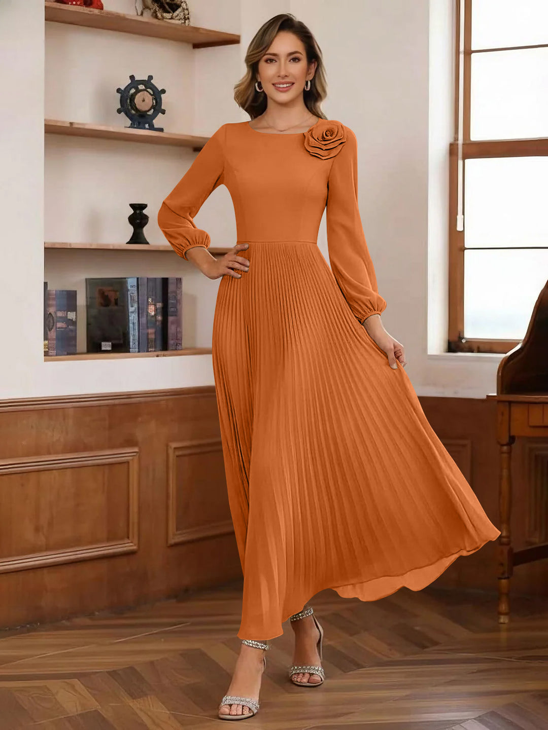 A-Line/Princess Scoop Chiffon Mother of the Bride Dresses Ankle-Length Pleated Floral Long Sleeves Flower