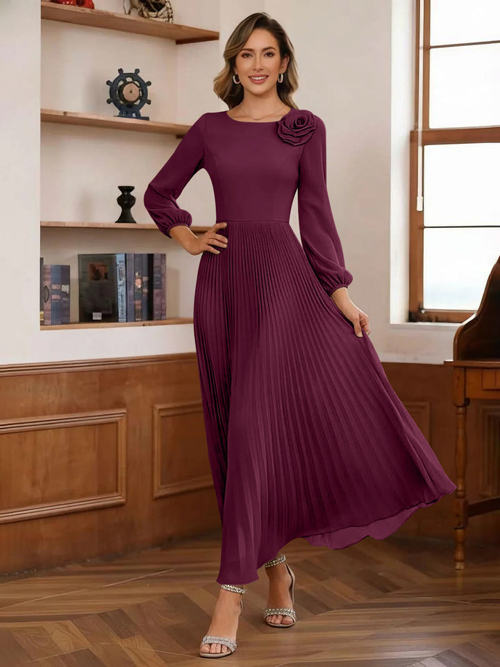 A-Line/Princess Scoop Chiffon Mother of the Bride Dresses Ankle-Length Pleated Floral Long Sleeves Flower