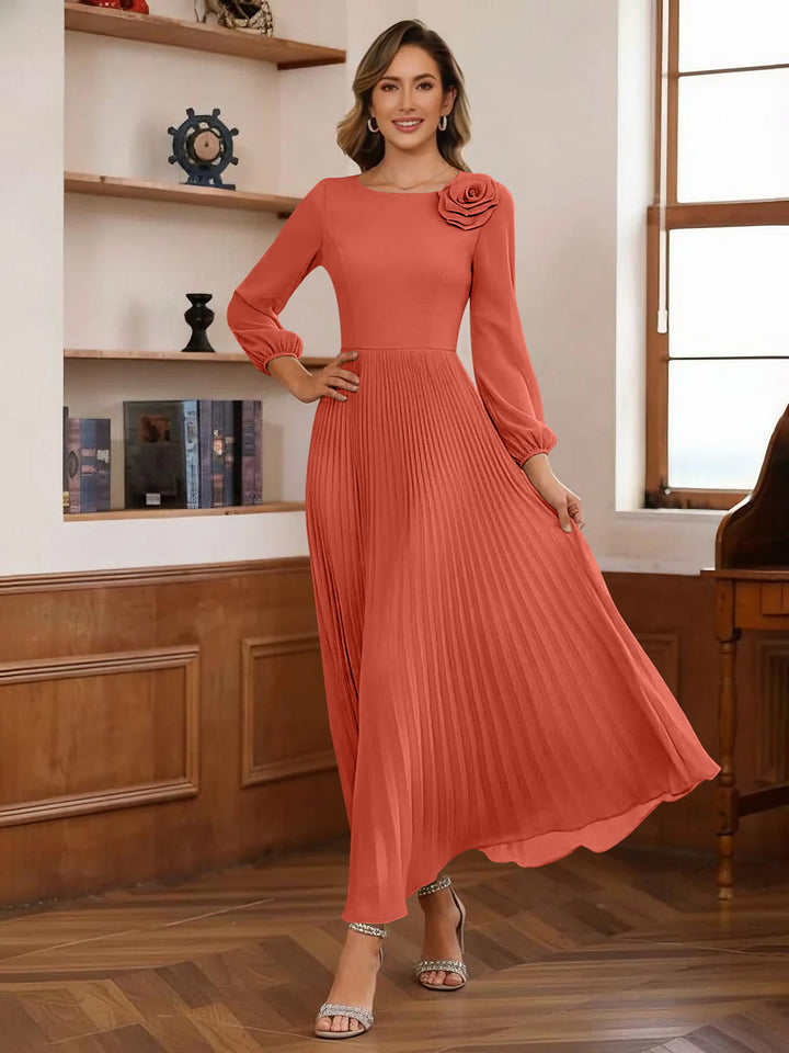 A-Line/Princess Scoop Chiffon Mother of the Bride Dresses Ankle-Length Pleated Floral Long Sleeves Flower