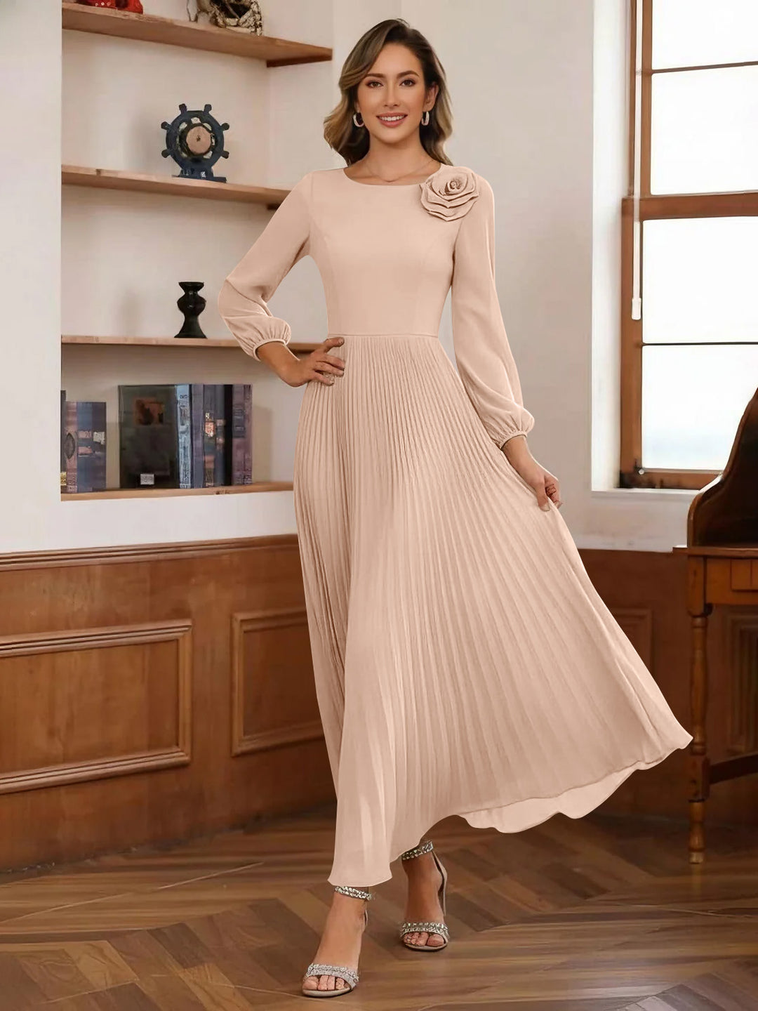 A-Line/Princess Scoop Chiffon Mother of the Bride Dresses Ankle-Length Pleated Floral Long Sleeves Flower