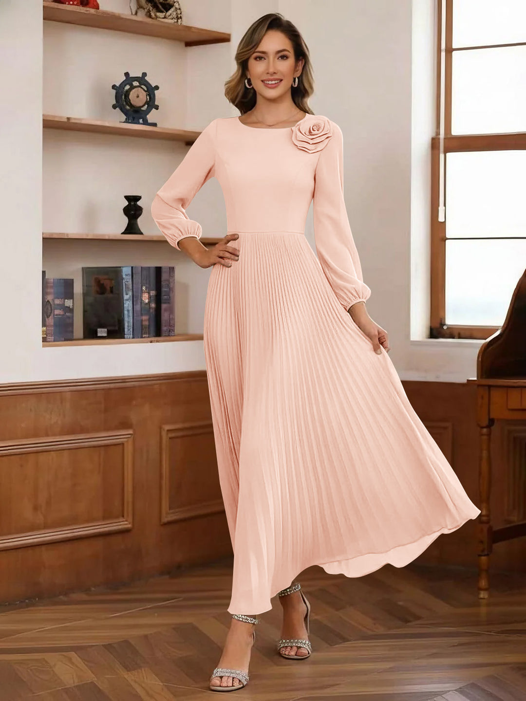 A-Line/Princess Scoop Chiffon Mother of the Bride Dresses Ankle-Length Pleated Floral Long Sleeves Flower