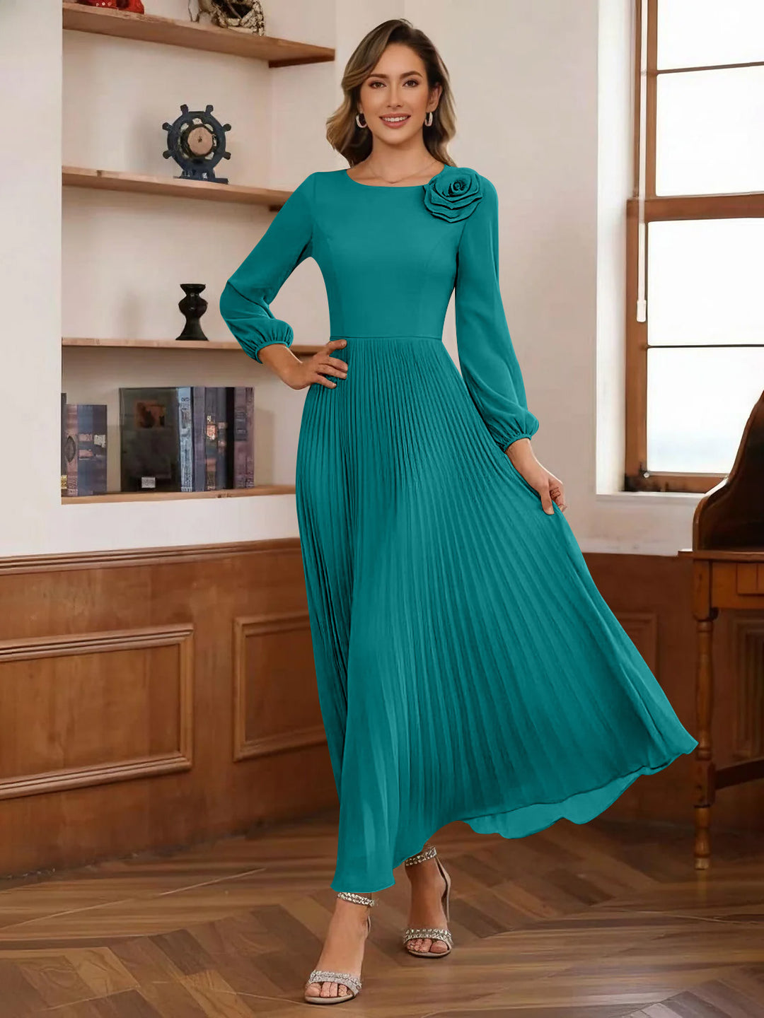 A-Line/Princess Scoop Chiffon Mother of the Bride Dresses Ankle-Length Pleated Floral Long Sleeves Flower