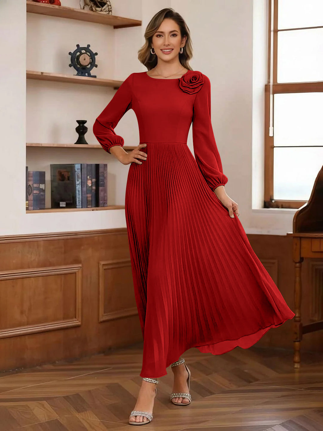 A-Line/Princess Scoop Chiffon Mother of the Bride Dresses Ankle-Length Pleated Floral Long Sleeves Flower