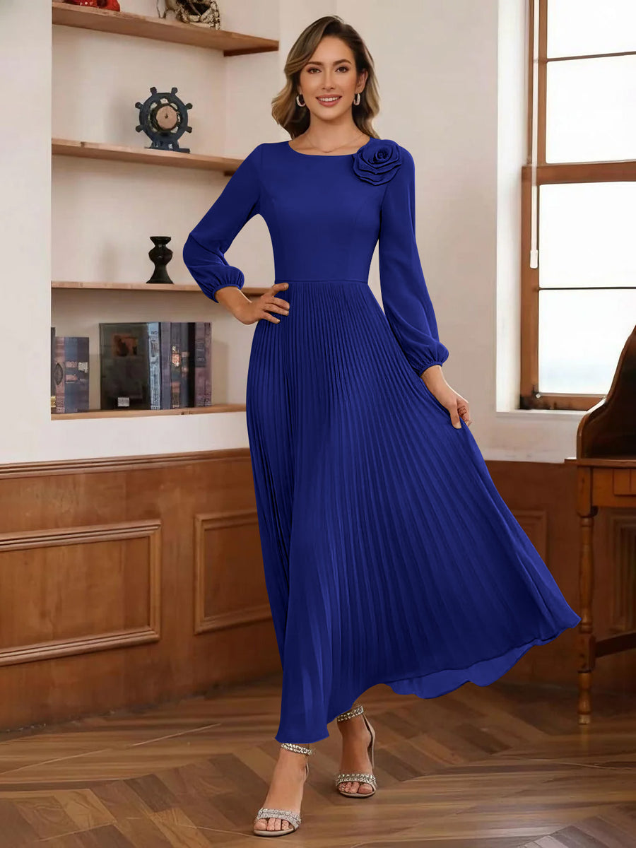 A-Line/Princess Scoop Chiffon Mother of the Bride Dresses Ankle-Length Pleated Floral Long Sleeves Flower