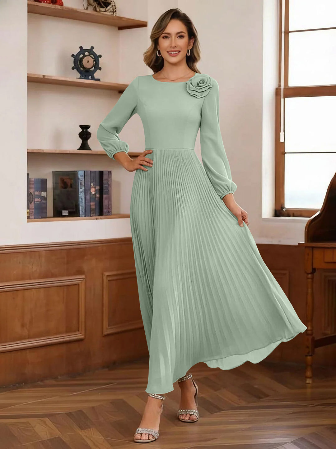 A-Line/Princess Scoop Chiffon Mother of the Bride Dresses Ankle-Length Pleated Floral Long Sleeves Flower Ocean Blue A-Line/Princess Scoop Chiffon Mother of the Bride Dresses Ankle-Length Pleated Floral Long Sleeves Flower Ocean Blue