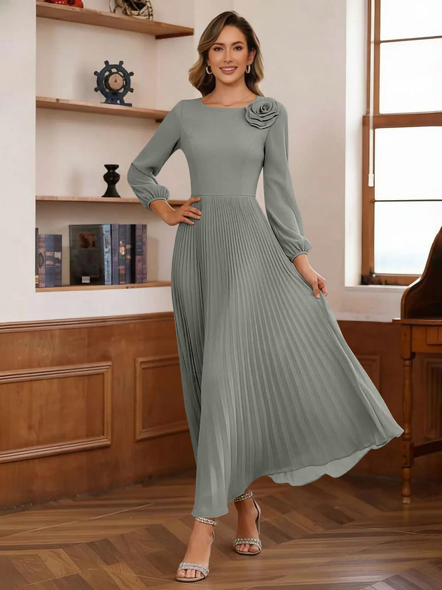 A-Line/Princess Scoop Chiffon Mother of the Bride Dresses Ankle-Length Pleated Floral Long Sleeves Flower