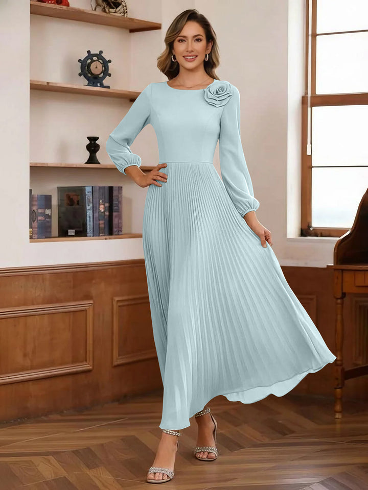 A-Line/Princess Scoop Chiffon Mother of the Bride Dresses Ankle-Length Pleated Floral Long Sleeves Flower
