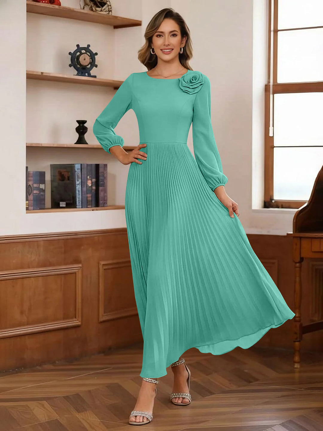 A-Line/Princess Scoop Chiffon Mother of the Bride Dresses Ankle-Length Pleated Floral Long Sleeves Flower