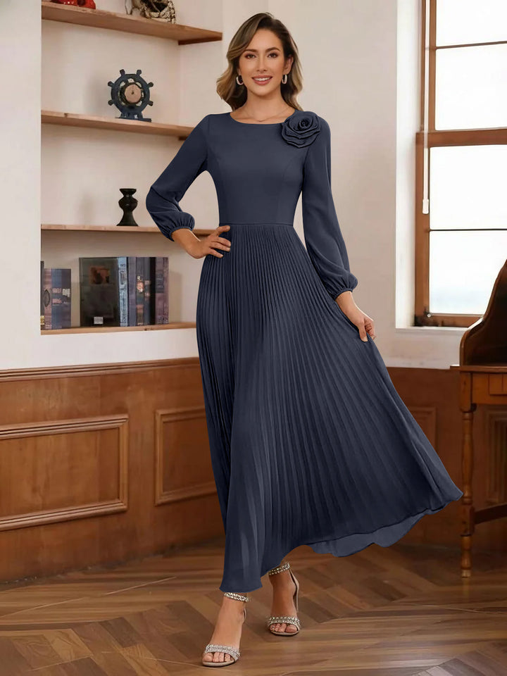 A-Line/Princess Scoop Chiffon Mother of the Bride Dresses Ankle-Length Pleated Floral Long Sleeves Flower