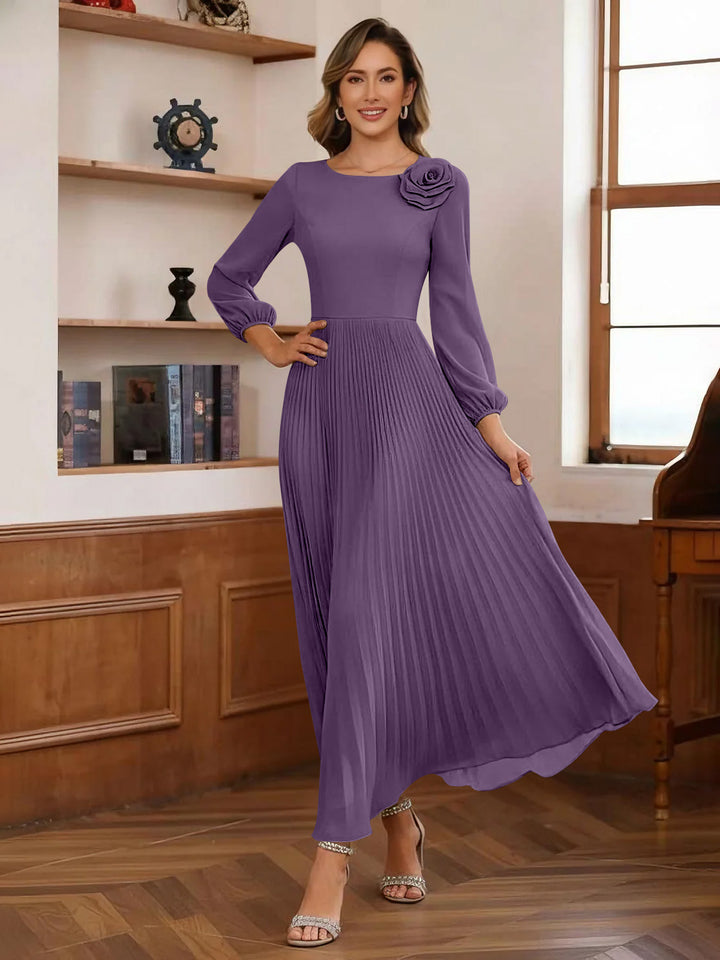 A-Line/Princess Scoop Chiffon Mother of the Bride Dresses Ankle-Length Pleated Floral Long Sleeves Flower