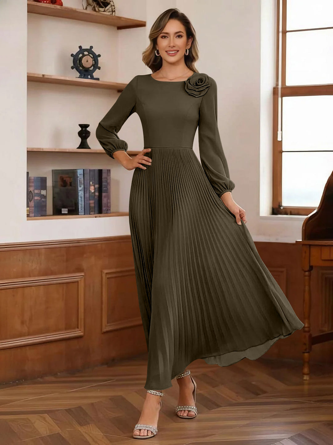 A-Line/Princess Scoop Chiffon Mother of the Bride Dresses Ankle-Length Pleated Floral Long Sleeves Flower