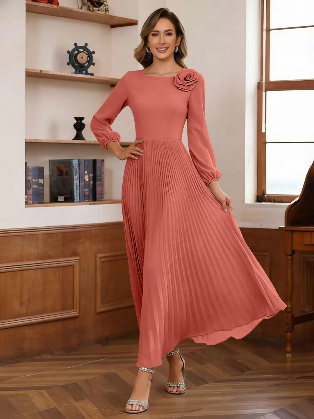 A-Line/Princess Scoop Chiffon Mother of the Bride Dresses Ankle-Length Pleated Floral Long Sleeves Flower