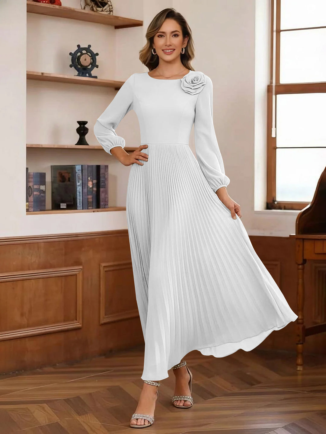 A-Line/Princess Scoop Chiffon Mother of the Bride Dresses Ankle-Length Pleated Floral Long Sleeves Flower