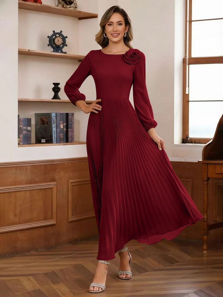 A-Line/Princess Scoop Chiffon Mother of the Bride Dresses Ankle-Length Pleated Floral Long Sleeves Flower