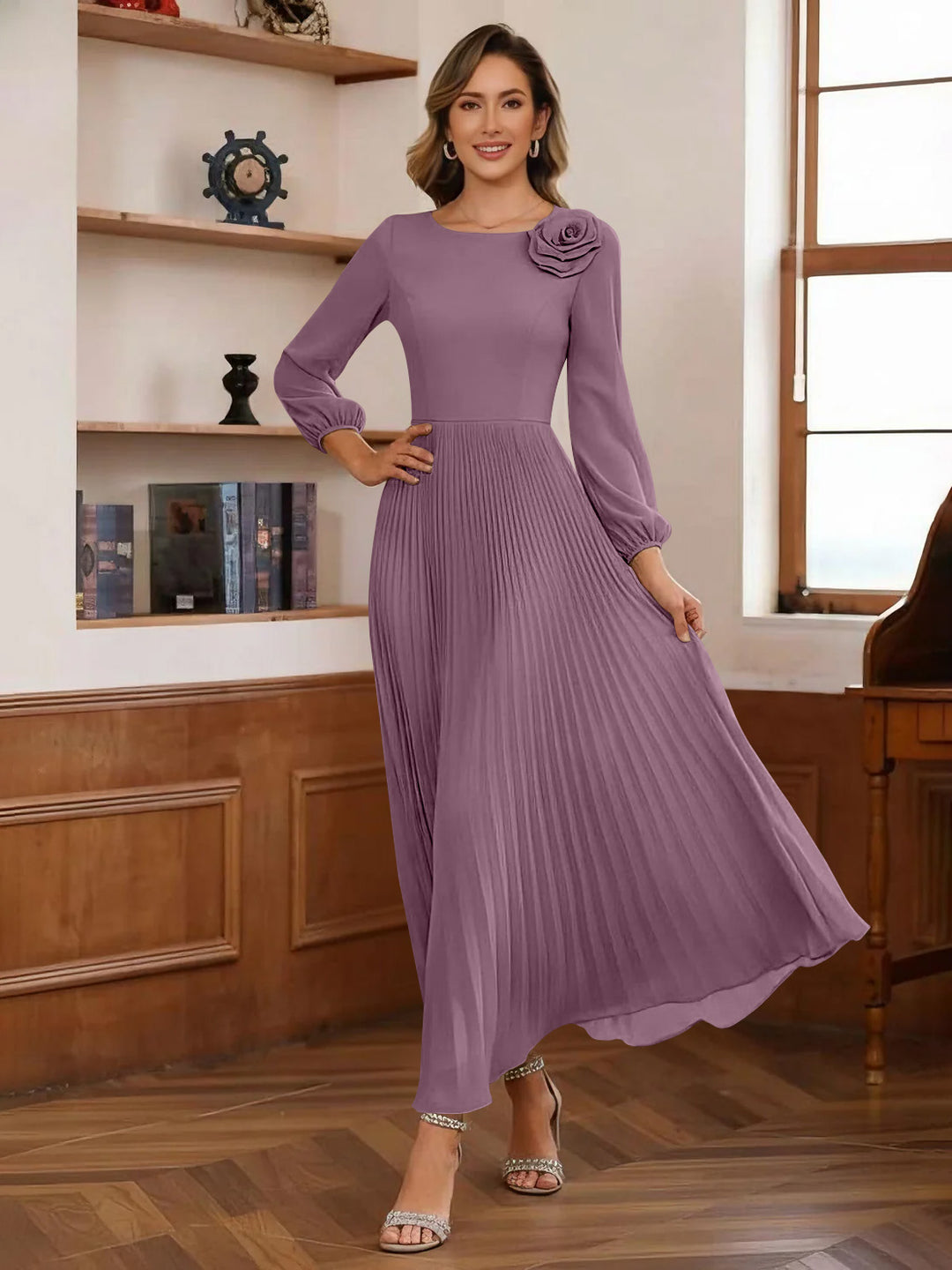 Mother of the Bride Dresses Champagne 2026 A-Line Formal Gown Round Neck Long Sleeve Pleated Floor-Length Wedding Guest Party Dress with Floral Brooch