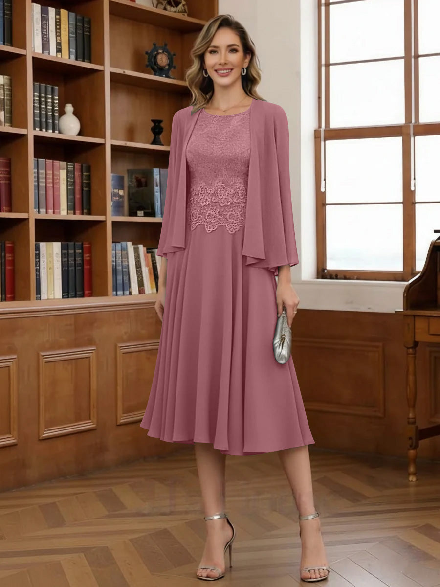 A-Line/Princess Scoop Chiffon Mother of the Bride Dresses with Jacket Tea-Length Long Sleeves Lace