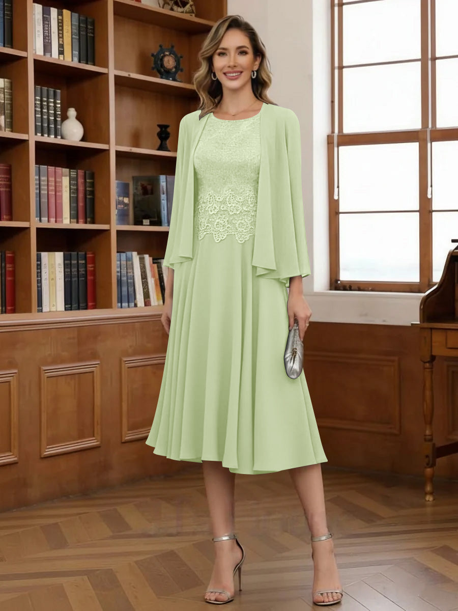 A-Line/Princess Scoop Chiffon Mother of the Bride Dresses with Jacket Tea-Length Long Sleeves Lace