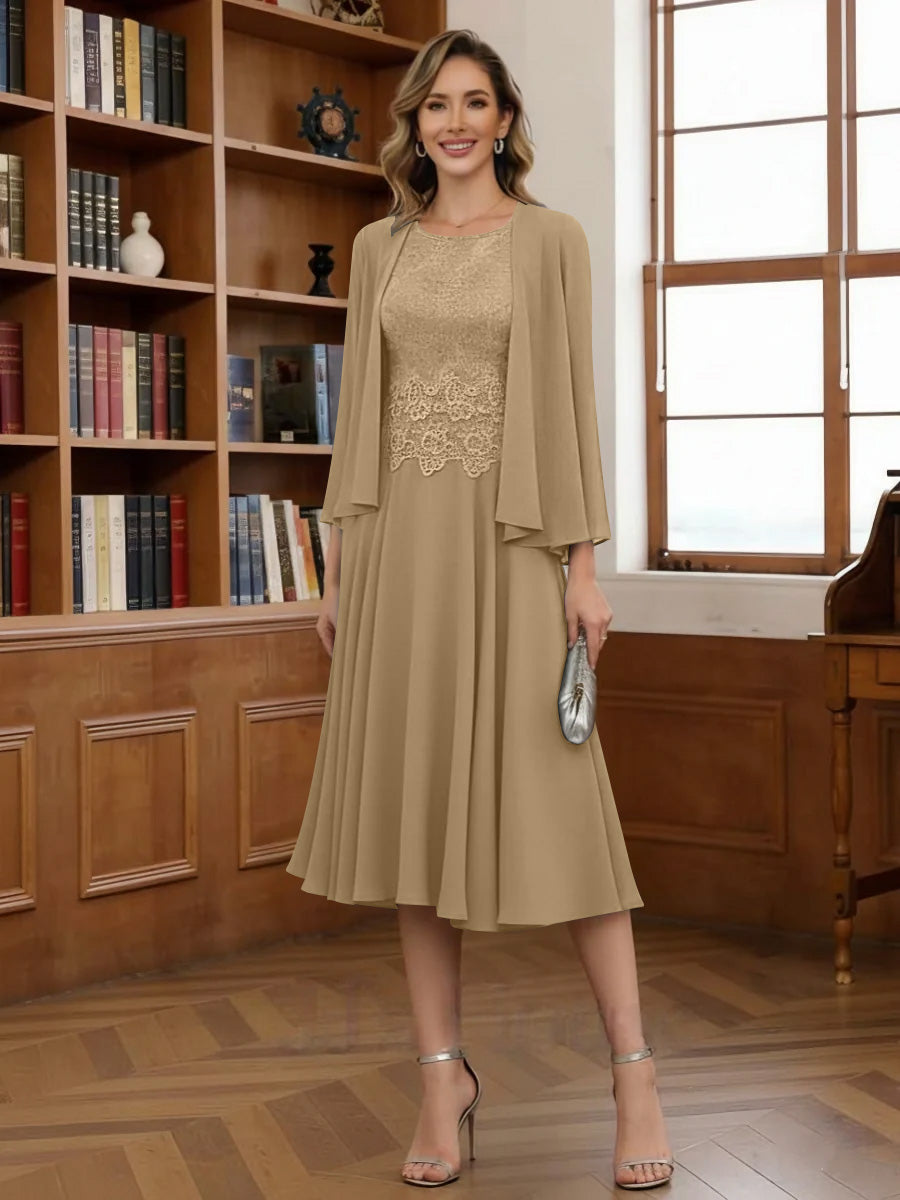 A-Line/Princess Scoop Chiffon Mother of the Bride Dresses with Jacket Tea-Length Long Sleeves Lace