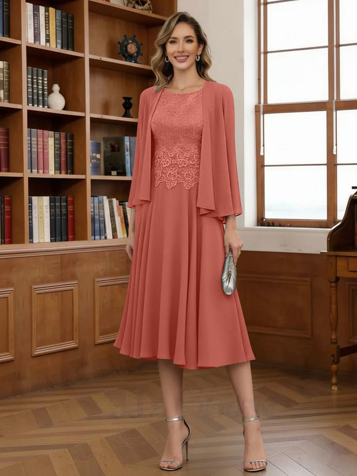 A-Line/Princess Scoop Chiffon Mother of the Bride Dresses with Jacket Tea-Length Long Sleeves Lace