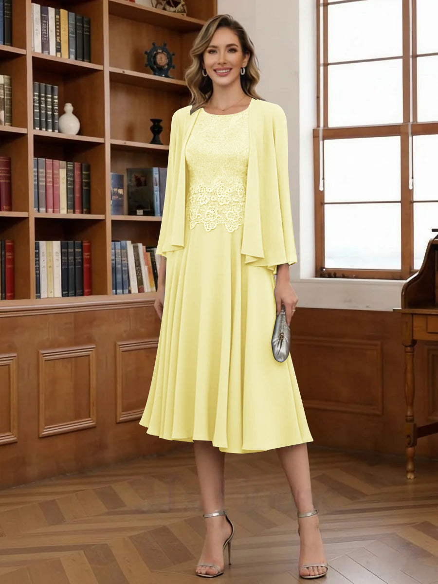 A-Line/Princess Scoop Chiffon Mother of the Bride Dresses with Jacket Tea-Length Long Sleeves Lace