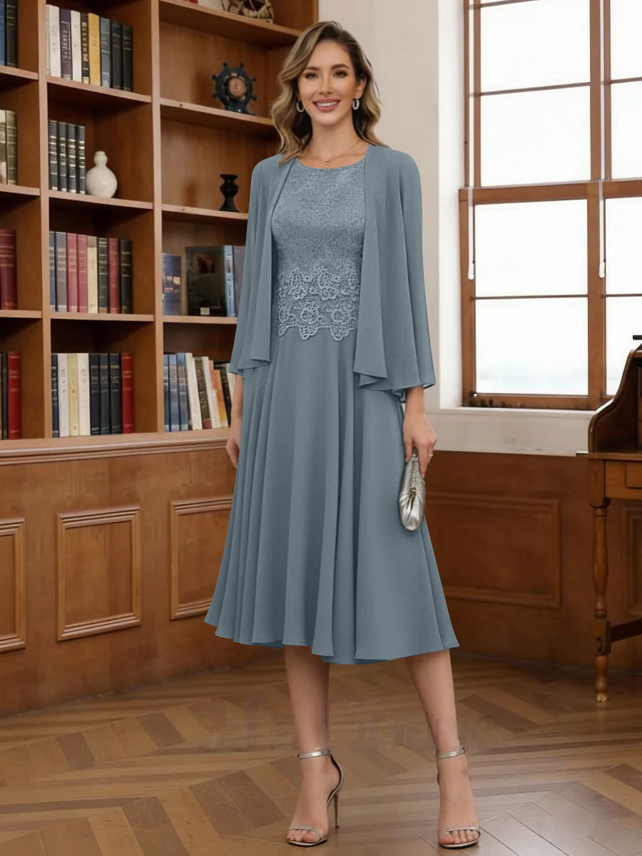 A-Line/Princess Scoop Chiffon Mother of the Bride Dresses with Jacket Tea-Length Long Sleeves Lace