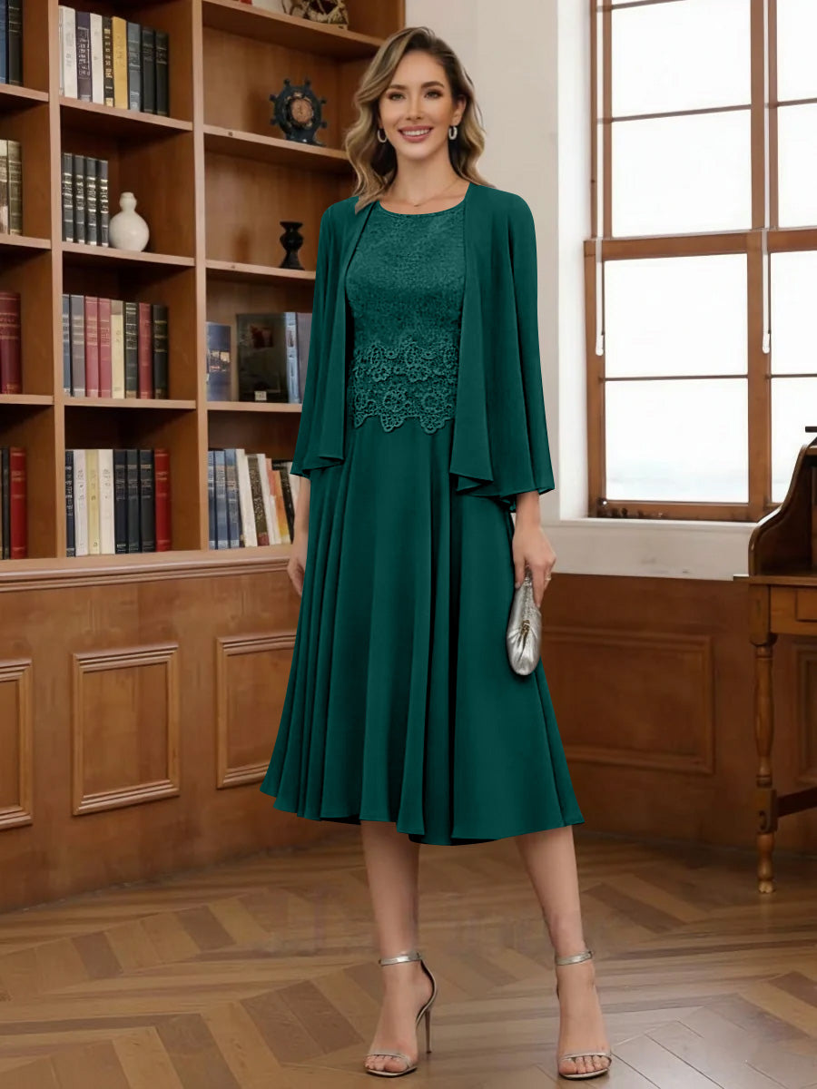 A-Line/Princess Scoop Chiffon Mother of the Bride Dresses with Jacket Tea-Length Long Sleeves Lace
