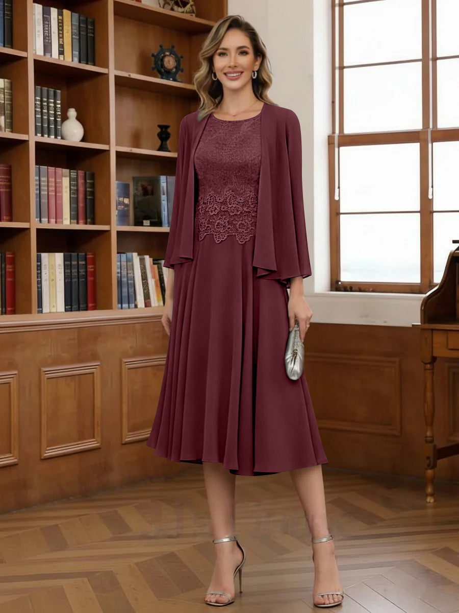 A-Line/Princess Scoop Chiffon Mother of the Bride Dresses with Jacket Tea-Length Long Sleeves Lace