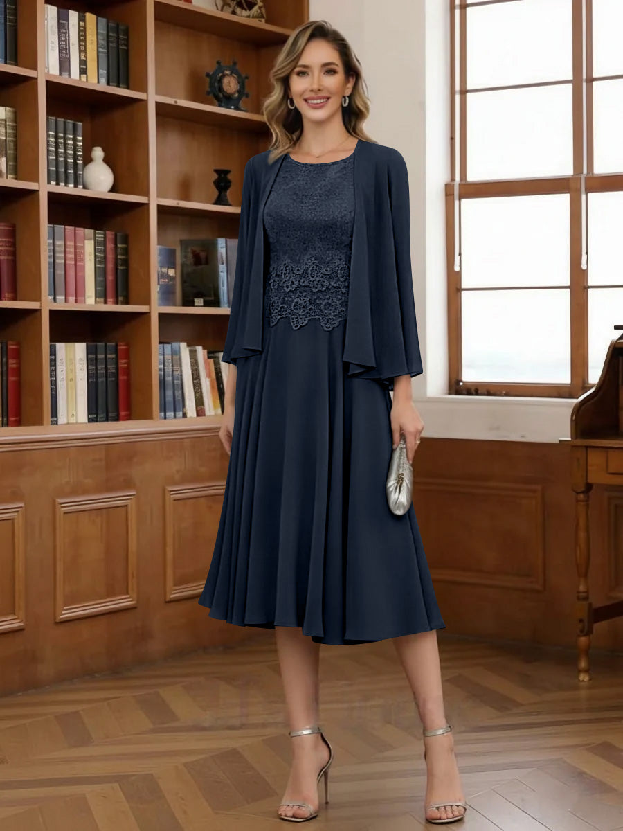 A-Line/Princess Scoop Chiffon Mother of the Bride Dresses with Jacket Tea-Length Long Sleeves Lace