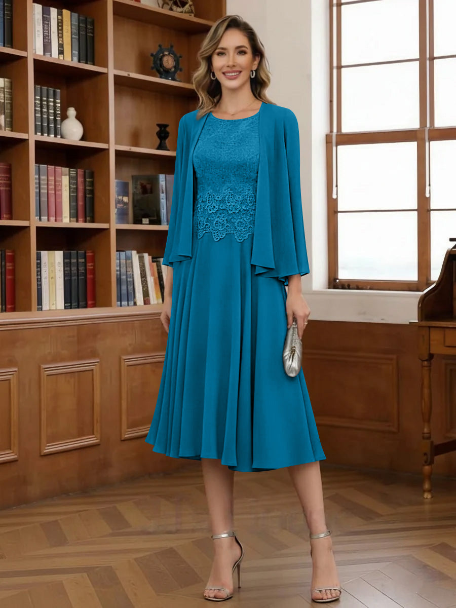 A-Line/Princess Scoop Chiffon Mother of the Bride Dresses with Jacket Tea-Length Long Sleeves Lace