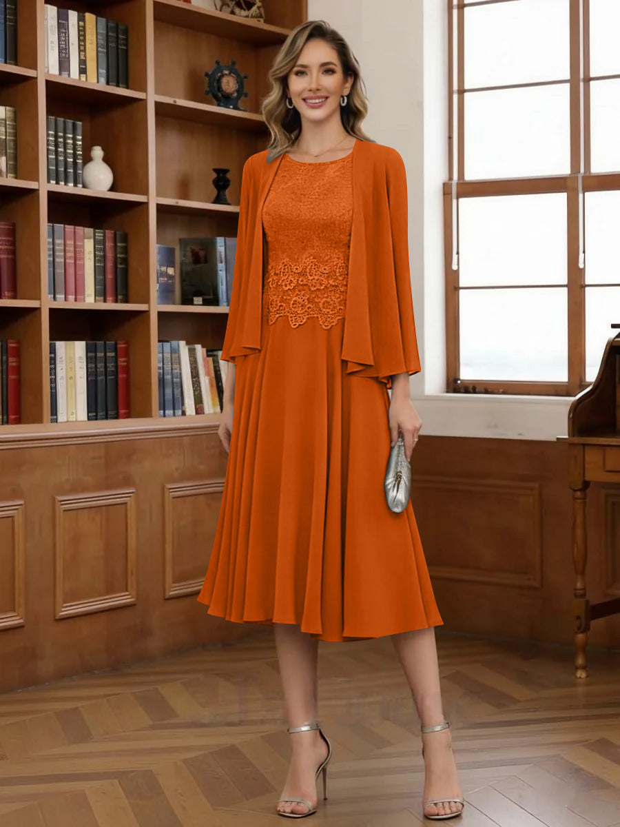 A-Line/Princess Scoop Chiffon Mother of the Bride Dresses with Jacket Tea-Length Long Sleeves Lace