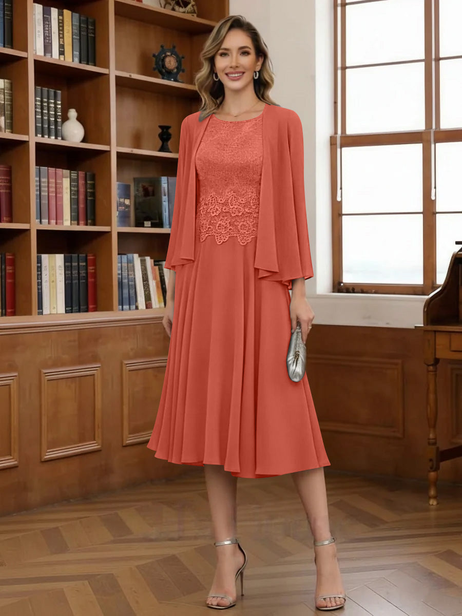 A-Line/Princess Scoop Chiffon Mother of the Bride Dresses with Jacket Tea-Length Long Sleeves Lace