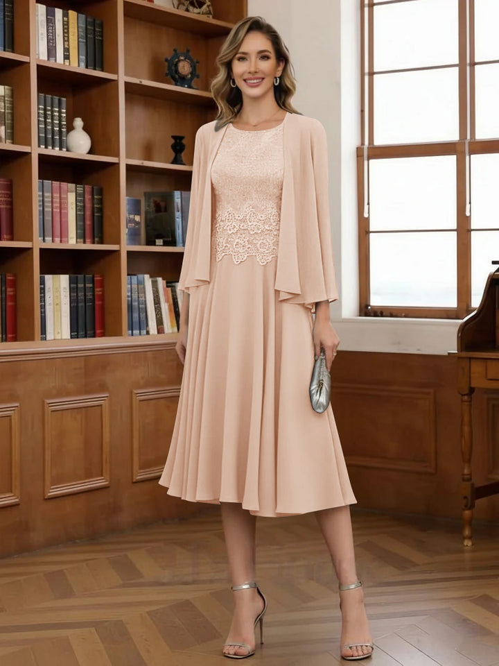 A-Line/Princess Scoop Chiffon Mother of the Bride Dresses with Jacket Tea-Length Long Sleeves Lace