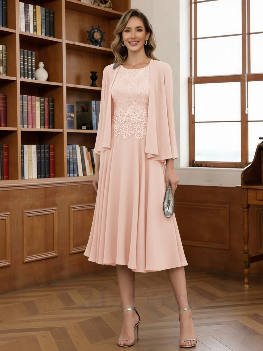 A-Line/Princess Scoop Chiffon Mother of the Bride Dresses with Jacket Tea-Length Long Sleeves Lace