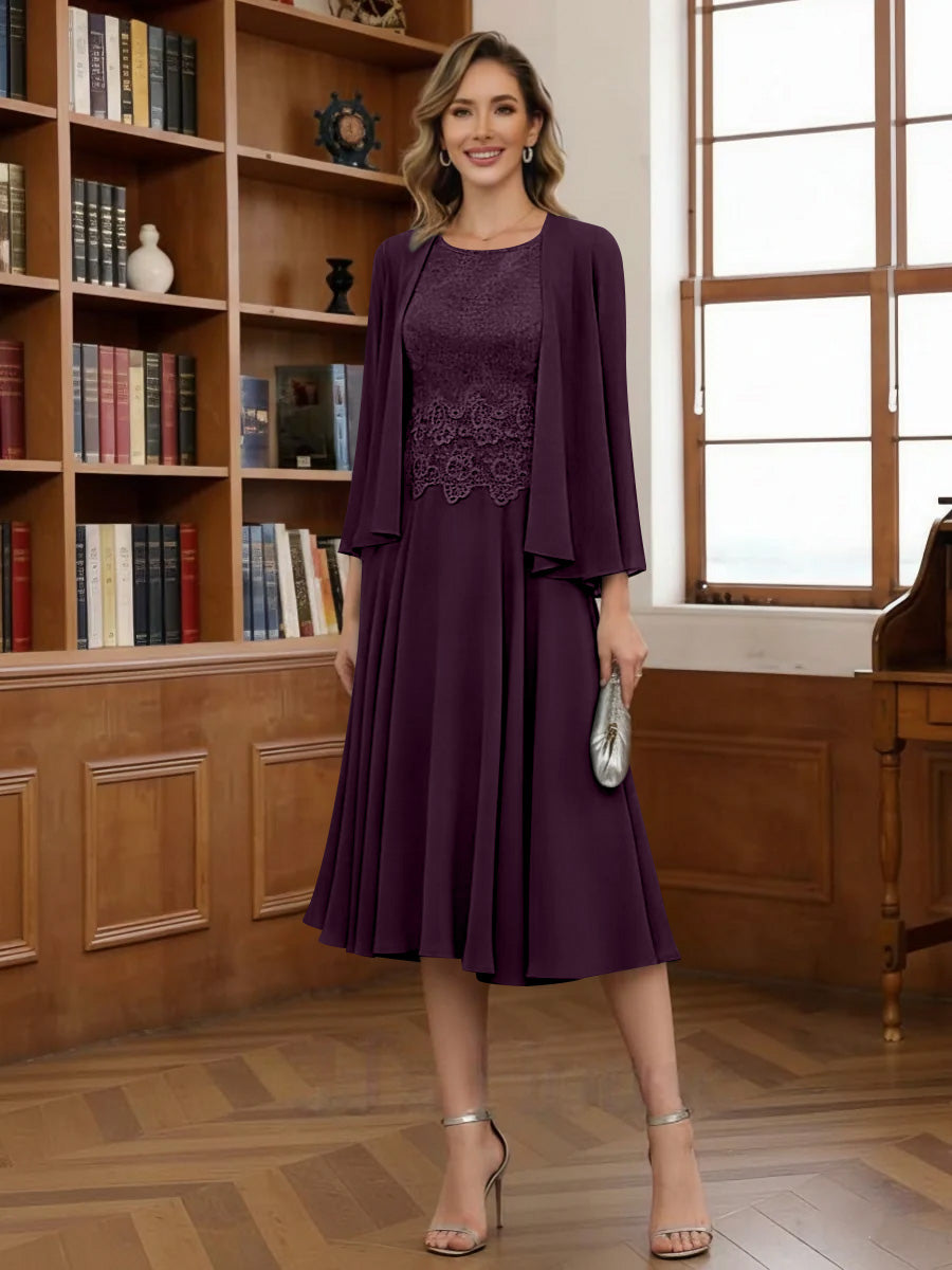A-Line/Princess Scoop Chiffon Mother of the Bride Dresses with Jacket Tea-Length Long Sleeves Lace