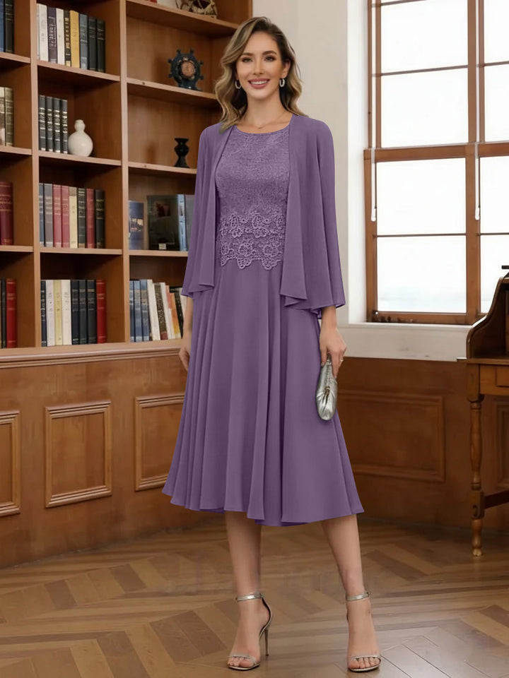 A-Line/Princess Scoop Chiffon Mother of the Bride Dresses with Jacket Tea-Length Long Sleeves Lace