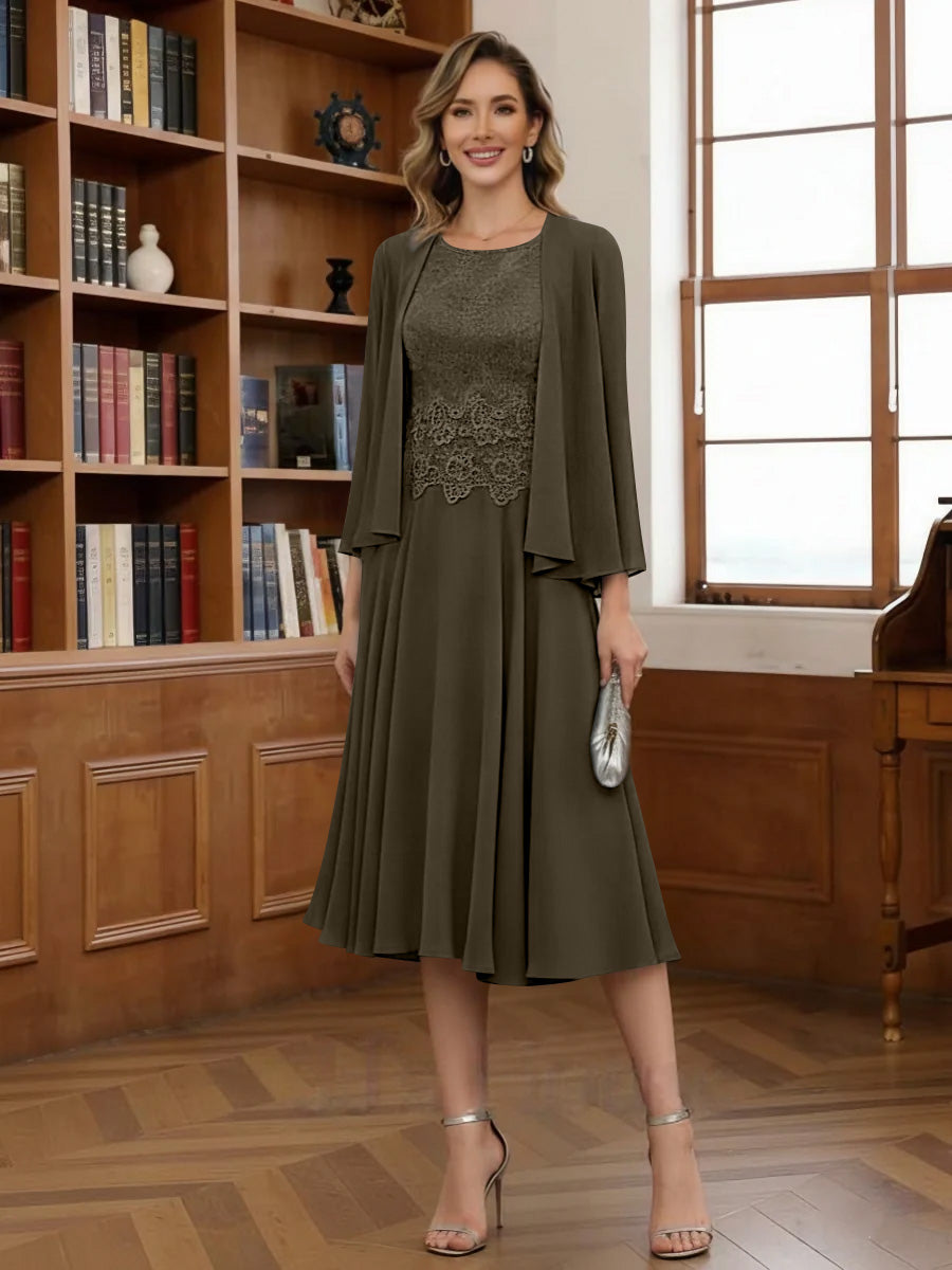 A-Line/Princess Scoop Chiffon Mother of the Bride Dresses with Jacket Tea-Length Long Sleeves Lace