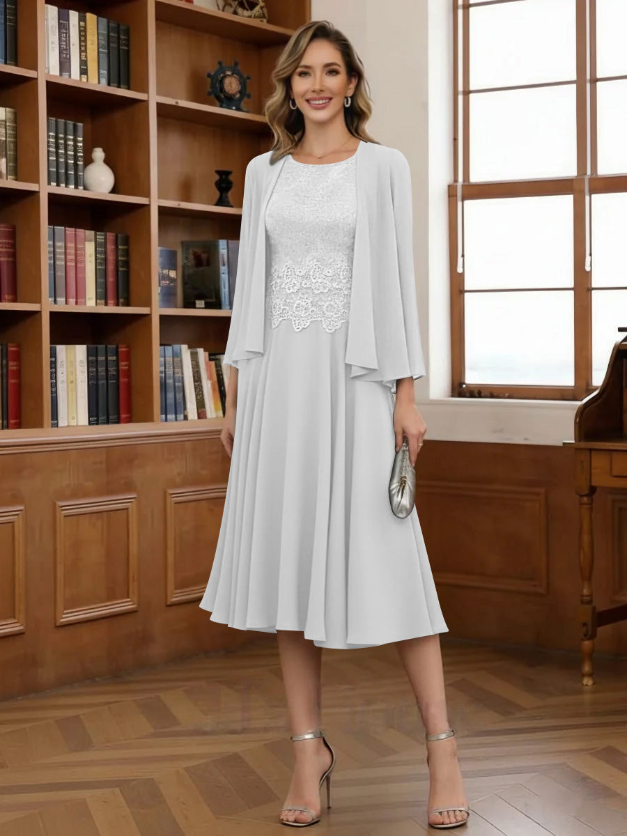 A-Line/Princess Scoop Chiffon Mother of the Bride Dresses with Jacket Tea-Length Long Sleeves Lace
