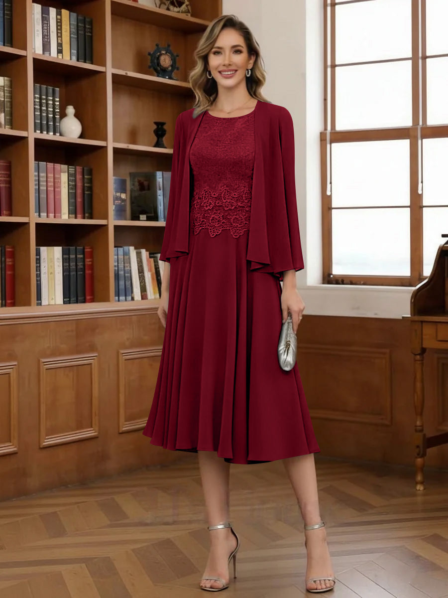 A-Line/Princess Scoop Chiffon Mother of the Bride Dresses with Jacket Tea-Length Long Sleeves Lace