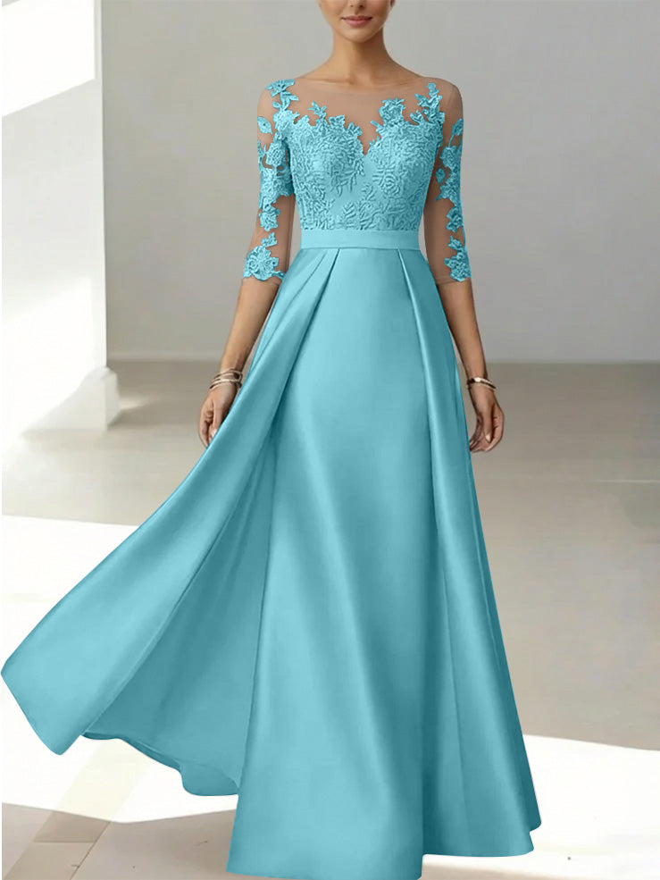 A-Line/Princess Scoop Satin Mother of the Bride Dresses 3/4 Sleeves Lace Floor-Length Floral